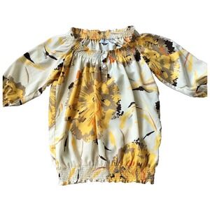 New York & Company Top XS 0 2 Poet Boho Puff Sleeve Bold Yellow Floral Print